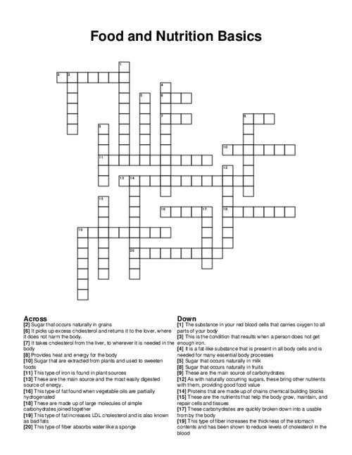 Food and Nutrition Basics Crossword Puzzle