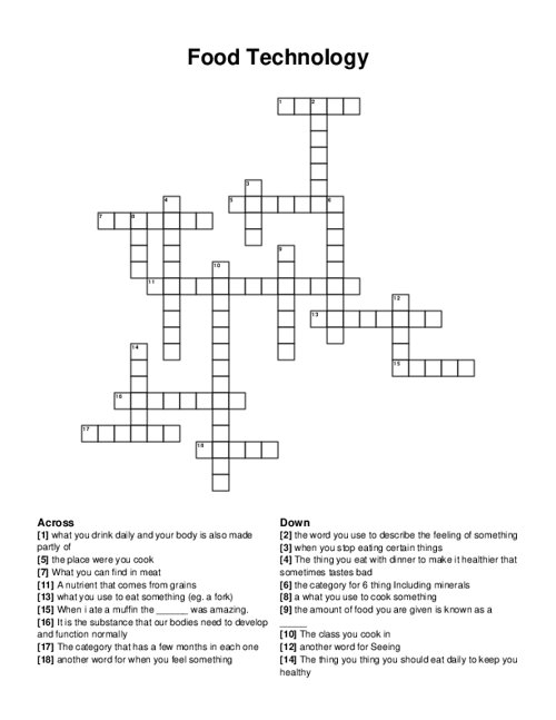 Food Technology Crossword Puzzle