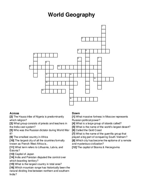 World Geography Crossword Puzzle