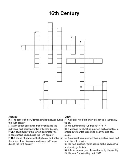 16th Century Crossword Puzzle