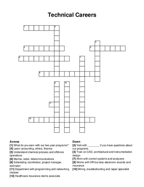 Technical Careers Crossword Puzzle Technical Careers Crossword Puzzle