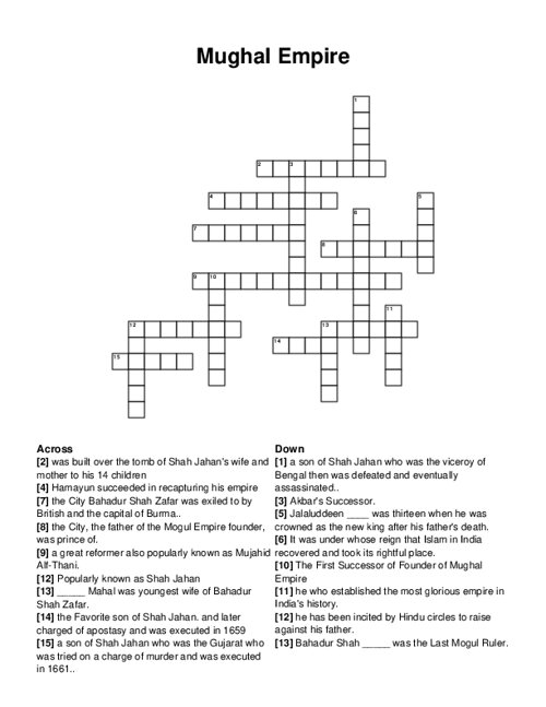 Mughal Empire Crossword Puzzle