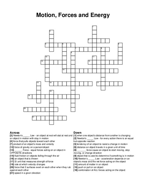 Motion, Forces and Energy Crossword Puzzle