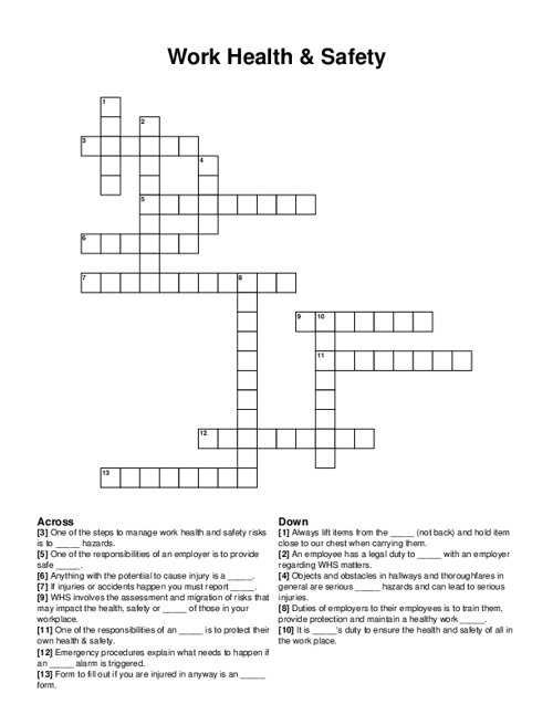 Work Health & Safety Crossword Puzzle