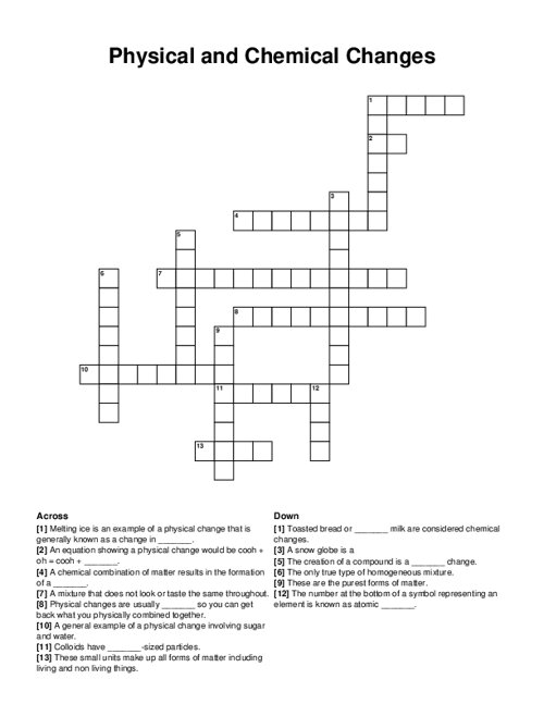 Physical and Chemical Changes Crossword Puzzle