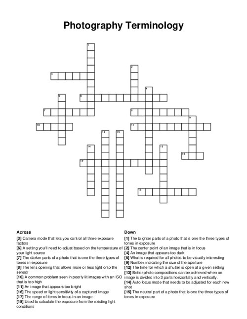 Photography Terminology Crossword Puzzle