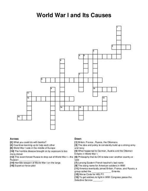 World War I and Its Causes Crossword Puzzle