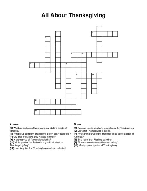 All About Thanksgiving Crossword Puzzle
