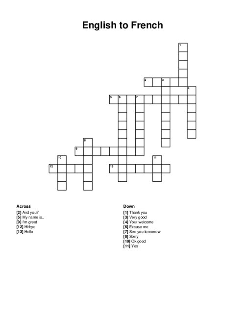 English to French Crossword Puzzle