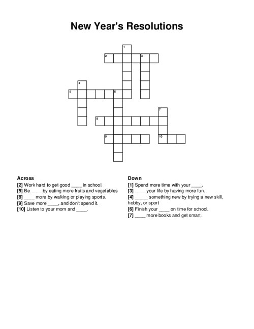 New Years Resolutions Crossword Puzzle