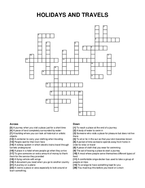 HOLIDAYS AND TRAVELS Crossword Puzzle