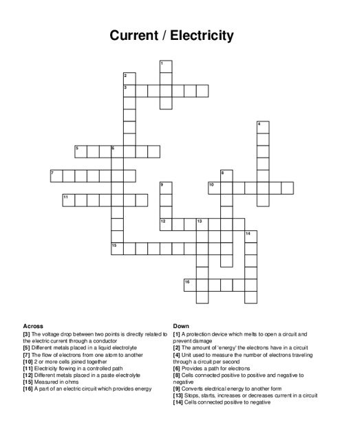 Current / Electricity Crossword Puzzle