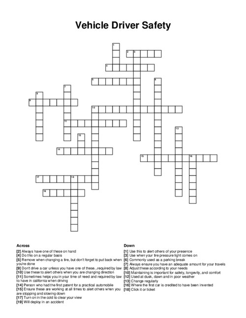 Vehicle Driver Safety Crossword Puzzle