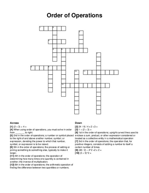 Order of Operations Crossword Puzzle