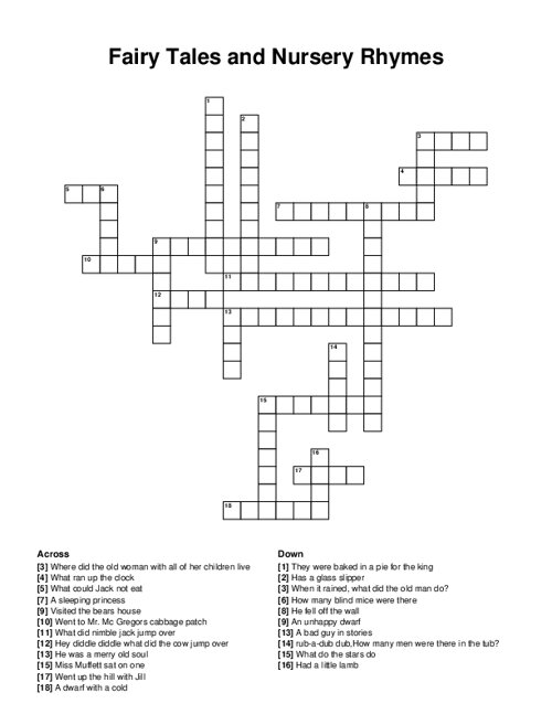 Fairy Tales and Nursery Rhymes Crossword Puzzle