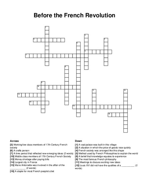 Before the French Revolution Crossword Puzzle