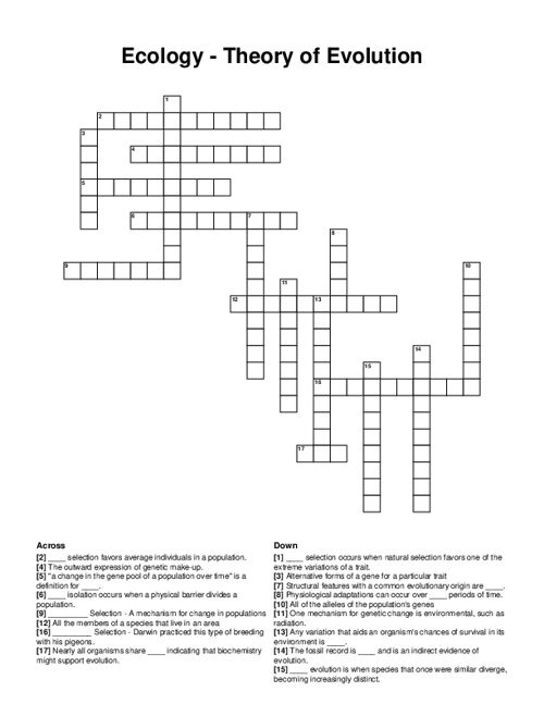 Ecology - Theory of Evolution Crossword Puzzle