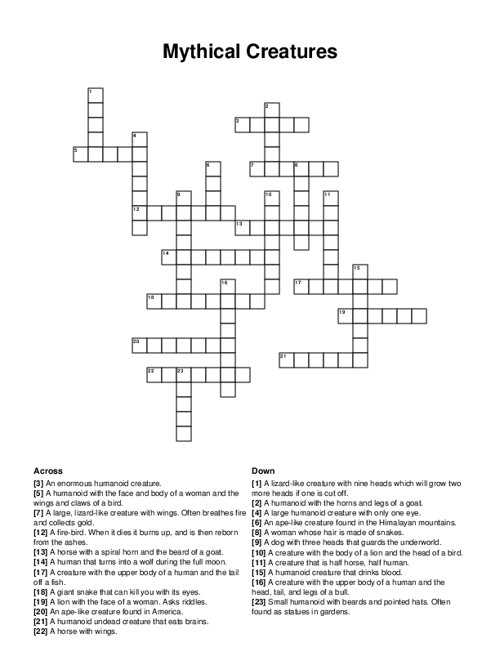 Mythical Creatures Crossword Puzzle