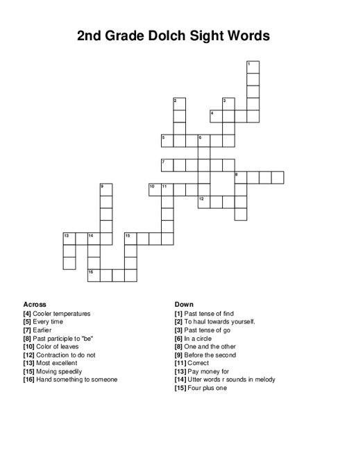 2nd Grade Dolch Sight Words Crossword Puzzle