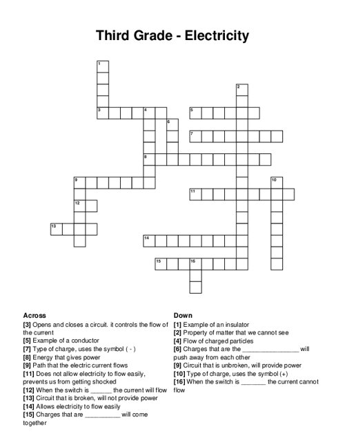 Third Grade - Electricity Crossword Puzzle