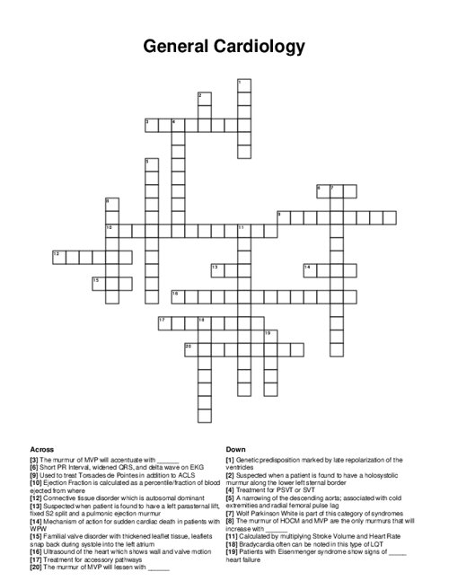 General Cardiology Crossword Puzzle