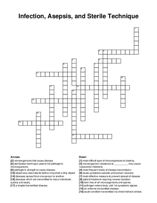 Infection Asepsis and Sterile Technique Crossword Puzzle