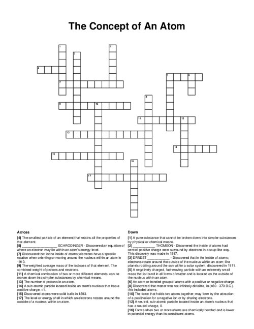 The Concept of An Atom Crossword Puzzle
