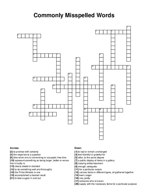 Commonly Misspelled Words Crossword Puzzle