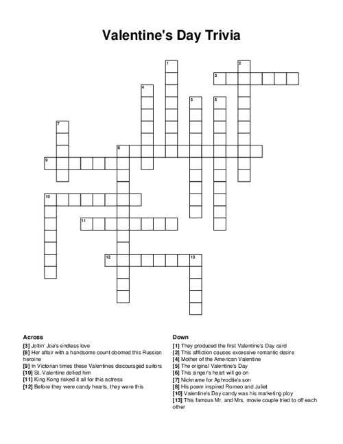 Valentines Day Trivia Crossword Puzzle