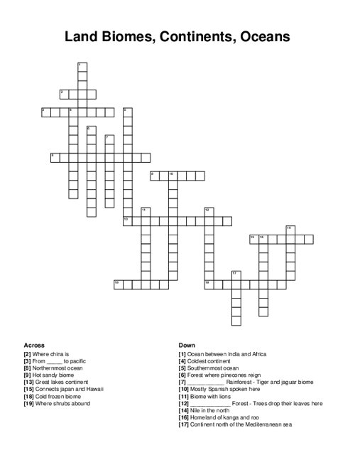 Land Biomes, Continents, Oceans Crossword Puzzle