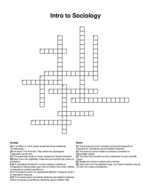 Intro to Sociology Crossword Puzzle