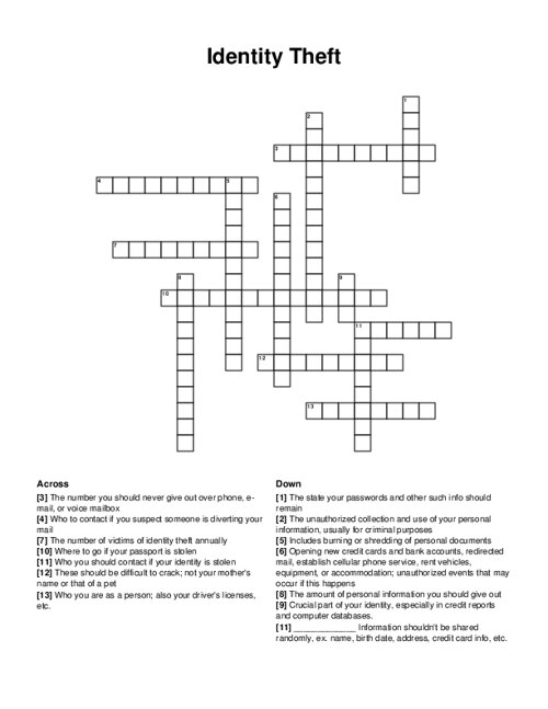 Identity Theft Crossword Puzzle