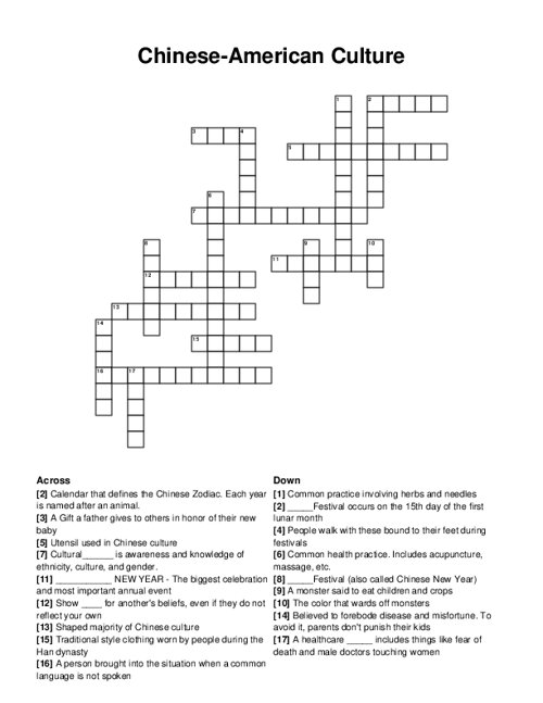 Chinese-American Culture Crossword Puzzle
