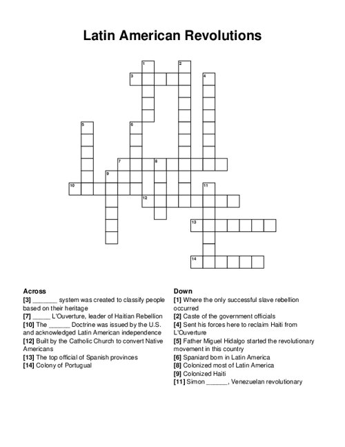 Latin American Revolutions Crossword Puzzle