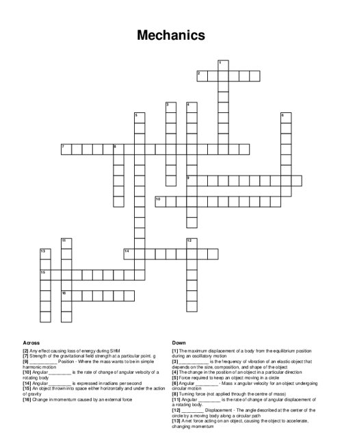 Mechanics Crossword Puzzle