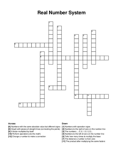 Real Number System Crossword Puzzle