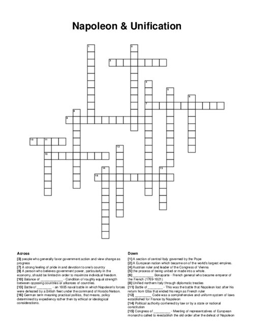 Napoleon & Unification Crossword Puzzle