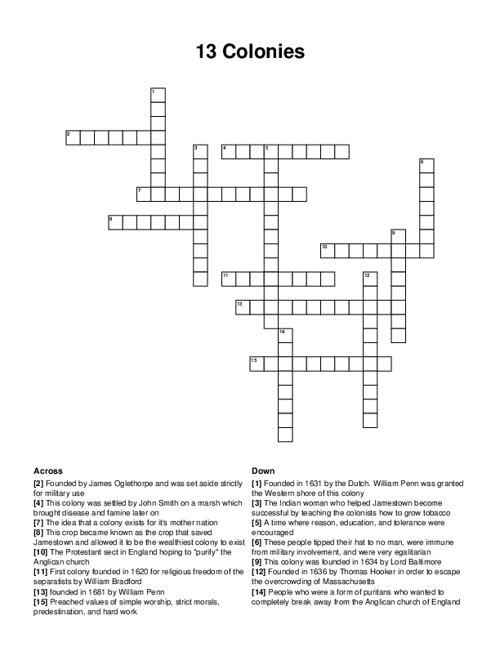 13 Colonies Crossword Puzzle