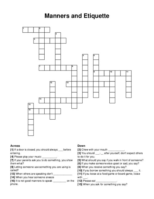 Manners and Etiquette Crossword Puzzle