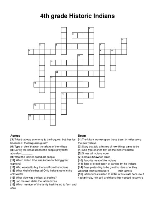 4th grade Historic Indians Crossword Puzzle