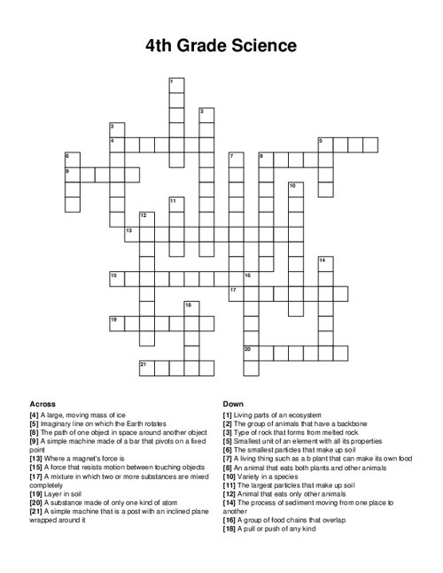4th Grade Science Crossword Puzzle
