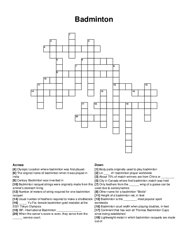 Badminton crossword puzzle
