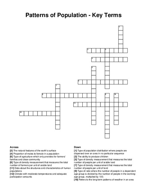 Patterns of Population Key Terms Crossword Puzzle