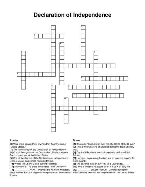 Declaration of Independence Crossword Puzzle