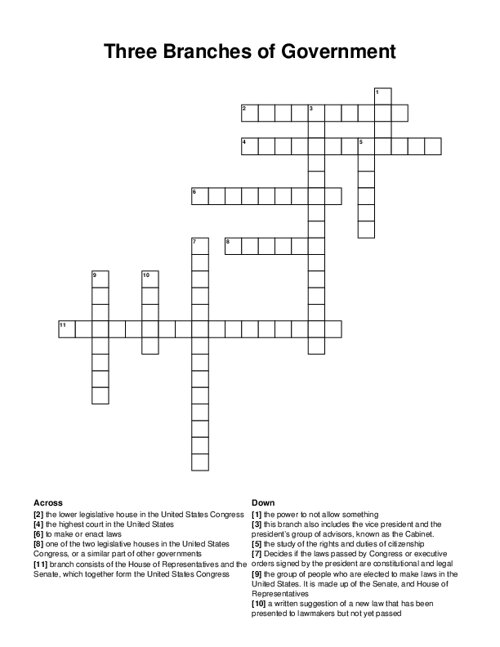 Three Branches of Government Crossword Puzzle