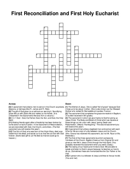 First Reconciliation and First Holy Eucharist Crossword Puzzle
