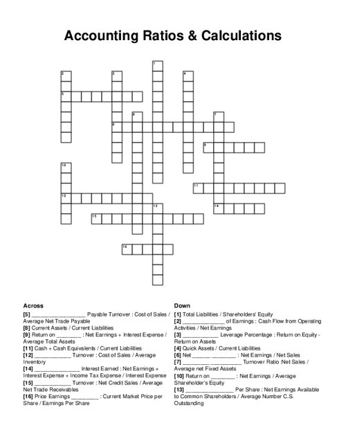 Accounting Ratios Calculations Crossword Puzzle