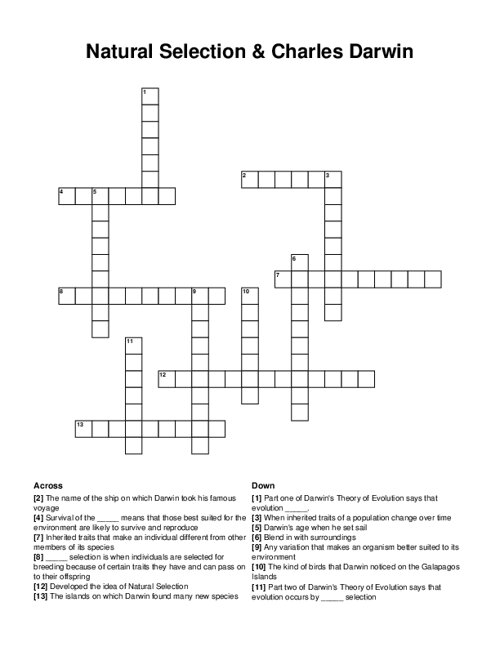 Natural Selection & Charles Darwin Crossword Puzzle