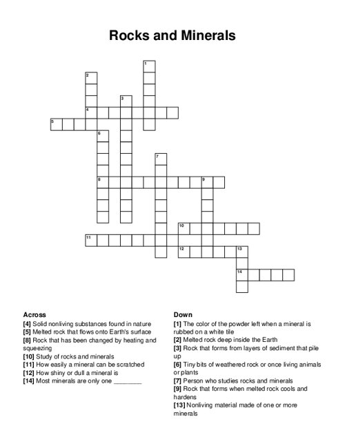 Rocks and Minerals Crossword Puzzle