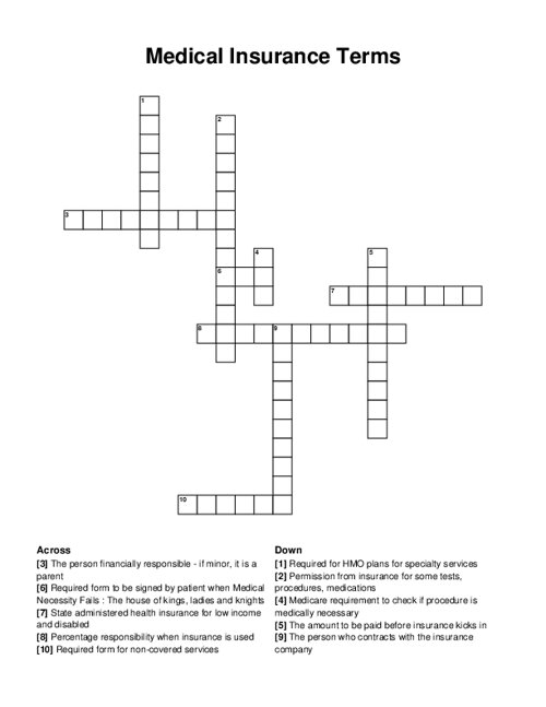 Medical Insurance Terms Crossword Puzzle